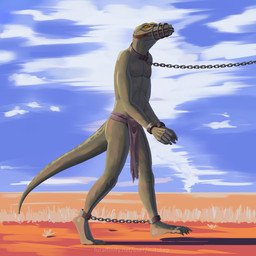 4_toes anthro barefoot bdsm bondage bottomwear bound chain chained clothing collar cuff_(restraint) desert fantasy feet leash loincloth male muzzle_(object) plantigrade prisoner restrained restraints shackles slave solo submissive submissive_male toes mitokep modo_(jethorex) komodo_dragon lizard monitor_lizard reptile scalie 1:1 hi_res