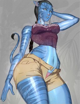 accessory beads big_breasts black_hair blue_body bodily_fluids bottomwear breasts clothing crop_top eyebrows eyelashes female glistening glistening_body hair hair_accessory hair_beads midriff navel panties panty_peek shirt shorts solo striped_body stripes sweat topwear unbuttoned_shorts underwear minicop2001 james_cameron's_avatar grace_augustine alien alien_humanoid humanoid na'vi 2026 hi_res