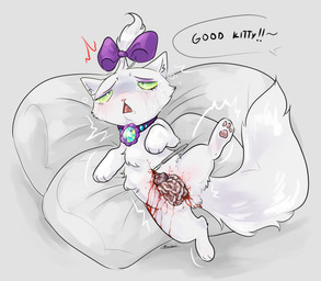 abuse animal_abuse barefoot blood bodily_fluids bow_tie collar crying dialogue disembowelment feet female feral flat_chested forced fur gore hindpaw imminent_death lying medical_instrument on_pillow on_side pain pawpads paws pillow raised_leg scalpel scientific_instrument shaking simple_background surgical_instrument tears tremble_lines trembling white_body white_fur young gorebunny friendship_is_magic hasbro my_little_pony opalescence_(mlp) domestic_cat felid feline felis mammal absurd_res hi_res selectively_detailed