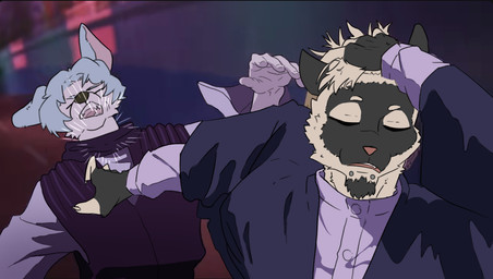 anthro duo male meme_pose sneauxy qixart jujutsu_kaisen naoya_hair_flip ying_(qixart) canid canine canis domestic_cat felid feline felis mammal wolf meme