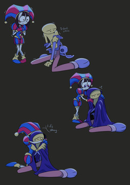 4_fingers anthro bedding bite_mark blanket bodily_fluids comforting dialogue duo female fingers hug male scared scribble_eyes skinned tears text traumatized screaming_alice glitch_productions the_amazing_digital_circus jax_(tadc) pomni_(tadc) humanoid lagomorph leporid mammal rabbit absurd_res hi_res