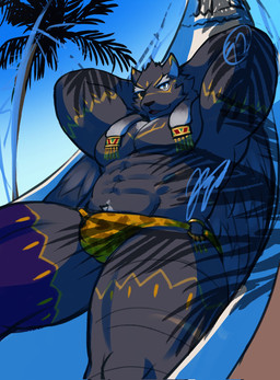 abs anthro black_body black_fur briefs bulge clothing eye_patch eyebrows eyewear fur hammock male muscular muscular_anthro muscular_male pecs relaxing solo speedo swimwear thick_eyebrows underwear wings zyuzinka lifewonders tokyo_afterschool_summoners tezcatlipoca_(tas) felid mammal pantherine hi_res