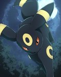 ambiguous_gender black_body black_eyes detailed_background feral looking_at_viewer moon quadruped red_sclera solo yellow_body rumine nintendo pokemon eeveelution generation_2_pokemon pokemon_(species) umbreon hi_res