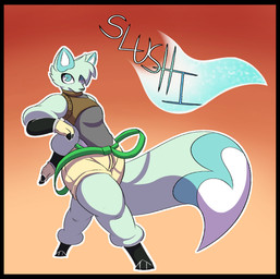 anthro black_border blue_body blue_fur border bottomwear character_card clothing female fur gradient_background looking_at_viewer shorts simple_background solo standing unik chikn_nuggit slushi_(chikn_nuggit) canid canine fox mammal hi_res
