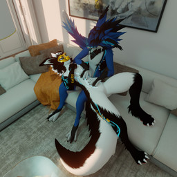 anthro belly_rub black_body black_fur blue_body blue_fur duo eye_contact fur hair laying_on_lap looking_at_another male male/male mask paws smile tail white_body white_fur endoras endoras_(character) canid canine mammal rexouium velstar 1:1 3d_(artwork) blender_(artwork) digital_media_(artwork) hi_res