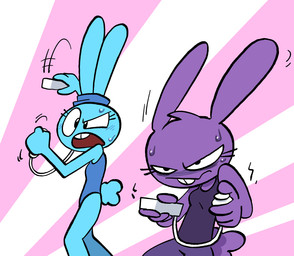 accessory angry anthro blue_body blush bodily_fluids controller duo eyelashes female fingers game_controller gaming headband nintendo_controller purple_body sweat tail wii_remote workout_clothing sockdraw five_nights_at_freddy's nintendo roommates:motha scottgames wii beanie_(roommates) bonbon_(roommates) lagomorph leporid mammal rabbit 2025 colored digital_media_(artwork) hi_res