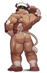 accessory anthro asian_clothing back_muscles brown_body brown_fur butt camo camo_print clothing east_asian_clothing fundoshi fur hair headband holding_object horn japanese_clothing looking_at_viewer lumber male muscular muscular_anthro muscular_male purple_eyes smile solo underwear white_hair orangetaming lifewonders tokyo_afterschool_summoners shennong_(tas) bovid bovine cattle mammal absurd_res hi_res