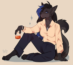 alcohol anthro beverage clock female gem hair jewelry long_hair office_clothing solo tired watch whiskey soureggnog callieve canid canine canis mammal wolf hi_res