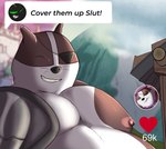 anthro big_pecs cybernetic_arm cybernetic_limb duo eyes_closed male male/male moobs nipples nude overweight overweight_male pecs slightly_chubby smile solo_focus text camcroc cartoon_network cover_them_up_slut mao_mao:_heroes_of_pure_heart badgerclops sheriff_mao_mao_mao badger mammal mustelid musteline digital_media_(artwork) english_text