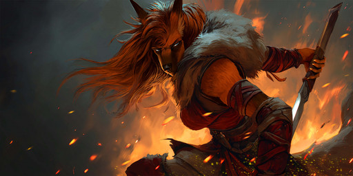 action_pose anthro armband armor barbarian breasts clothing embers female fire fur fur_lined_clothing gauntlets glare gloves handwear looking_back melee_weapon orange_body orange_fur pose solo sword warrior weapon thewyvernsweaver last_fables al-runa_(last_fables) canid canine canis mammal wolf 2025 hi_res