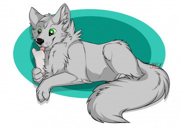 big_tail black_nose bone chest_tuft ear_tuft feet feral fur green_eyes hair licking lying male paws quadruped simple_background smile solo tail toes tongue tongue_out tuft white_background white_body white_fur horo321 sangen canid canine canis mammal wolf 2015 digital_media_(artwork)
