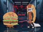 anthro burger burger_costume cheeseburger_costume duo food food_costume hot_dog hot_dog_costume lightsaber male melee_weapon weapon aar0njay disney dreamworks puss_in_boots_(franchise) star_wars zootopia death_(puss_in_boots) nick_wilde canid canine canis fox mammal wolf