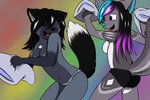 anthro clothed clothing duo female female/female highlights_(coloring) nipples panties pillow pillow_fight smile topless topless_female underwear alaskafox sonja_wusky canid canine canis fox hybrid mammal red_fox silver_fox true_fox wolf wolfdog 3:2