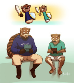 5_toes anthro barefoot clothed clothing duo feet male melee_weapon shield sword tail toes weapon meesh little_buddy chris_(meesh) eric_(eavila7989) ailurid canid canine canis domestic_dog mammal red_panda 2012 digital_media_(artwork)