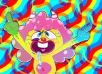 2_horns ambiguous_gender anthro bodily_fluids buckteeth clown curled_hair drooling gloves_(marking) hair horn lips markings navel on_model psychedelic rainbow saliva solo teeth toony anpandough moshi_monsters sweet_tooth_(moshi_monsters) monster_(moshi_monsters) colorful_theme nonbinary_(lore)