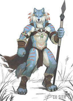 anthro blue_body blue_fur bottomwear clothing coat feathers fur jewelry loincloth male melee_weapon necklace pigtails polearm raincoat solo spear topwear weapon white_body white_fur yellow_eyes cu_sith_(artist) canid canine canis mammal wolf absurd_res digital_drawing_(artwork) digital_media_(artwork) hi_res sketch