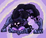 anthro armored_boots armored_gloves ass_up big_breasts big_butt blush blush_lines bodily_fluids breasts butt dialogue empty_eyes eye_scar facial_scar female fur jack-o'_pose looking_at_viewer obscured_face open_mouth open_smile pose purple_background purple_body purple_fur purple_hood scar simple_background smile solo sweat sweatdrop talking_to_viewer text thick_thighs white_eyes wide_hips edworld epic_games fortnite raven_team_leader bear mammal hi_res meme