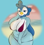 anthro beach bedroom_eyes belly big_breasts big_butt bikini blue_eyes breasts butt clothing curvy_figure female huge_thighs looking_at_viewer narrowed_eyes navel seaside seductive short_stack slightly_chubby smug solo squish sunset swimwear thick_thighs thigh_squish two-piece_swimsuit voluptuous wide_hips plantedpot nintendo pokemon malinda_(plantedpot) avian bird generation_4_pokemon penguin piplup pokemon_(species) absurd_res hi_res