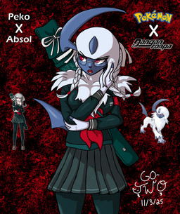 anthro ascot big_breasts blue_body blue_nails blue_skin bottomwear braided_hair breasts clothing colored_nails dark_clothing eyewear female fur glasses hair leggings legwear looking_away nails neck_tuft open_mouth playing_with_hair pointed_tail red_eyes scabbard skirt solo text tuft wearing_glasses white_body white_fur white_hair go-two danganronpa danganronpa_2 nintendo pokemon spike_chunsoft peko_pekoyama absol generation_3_pokemon human mammal pokemon_(species) absurd_res english_text hi_res reference_image