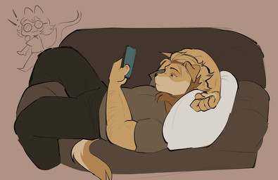 :3 anthro arm_hair blonde_hair body_hair bottomwear brown_background brown_body brown_bottomwear brown_clothing brown_fur brown_neck brown_pants brown_shirt brown_sofa brown_t-shirt brown_topwear cellphone clothed clothed_anthro clothed_male clothing duo electronics exclamation_point fully_clothed fully_clothed_anthro fully_clothed_male fur furniture hair holding_cellphone holding_object holding_phone holding_smartphone looking_at_cellphone looking_at_object looking_at_phone lying male mouth_closed multicolored_body multicolored_fur on_back on_sofa pants phone pillow shirt simple_background smartphone sofa t-shirt tail tan_body tan_fur topwear yellow_tail chewtoyys biscuit_(chewtoyys) lucky_(chewtoyys) bird_dog canid canine canis domestic_dog golden_retriever hunting_dog mammal mixed_breed retriever 2025 digital_drawing_(artwork) digital_media_(artwork) nonbinary_(lore)