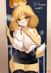 anthro areola big_breasts breasts clothed clothing dialogue female looking_at_viewer solo talking_to_viewer text macaronneko animal_crossing nintendo isabelle_(animal_crossing) canid canine canis domestic_dog mammal shih_tzu toy_dog 2023 absurd_res english_text hi_res url