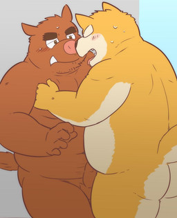 anthro balls belly blush brown_body brown_fur butt duo erection fur genitals humanoid_hands kemono male male/male moobs navel overweight overweight_male penis simple_background kick_(artist) canid canine canis domestic_dog mammal suid suine sus_(pig) wild_boar 2015