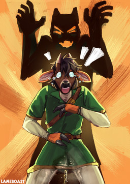 2_horns 3_fingers ambiguous_gender anthro belt belt_buckle black_body black_fur black_hooves black_horn black_snout blue_eyes bodily_fluids bottomwear brown_belt brown_body brown_ears brown_fur buckle clothed clothed_anthro clothed_male clothing cosplay crying duo fear_peeing fear_wetting fingers fur genital_fluids green_clothing green_shirt green_topwear green_tunic hoof_hands hooves horn long_sleeves male male_anthro male_focus male_peeing multicolored_body multicolored_fur open_mouth pants peeing scared shirt short_horn small_horn solo_focus standing tears text topwear tunic urine urine_stream watersports wetting white_body white_bottomwear white_clothing white_fur white_horn white_inner_ear white_pants white_shirt white_topwear lameboast nintendo the_legend_of_zelda link deer mammal 2025 artist_name hi_res shaded