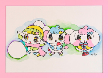 :3 accessory alternative_fashion anthro bangs big_ears big_eyes blonde_hair blue_hair bottomwear chibi clothed clothing coat earmuffs ears_down eyelashes eyeshadow fairy_kei female footwear fully_clothed glistening glistening_eyes group hair hair_accessory hairclip handwear hat headgear headwear heart_symbol inner_ear_fluff j-fashion kemono makeup mittens multicolored_eyes on_model open_mouth open_smile pants pivoted_ears pom_clothing purple_eyeshadow rabbit_ears rainbow_eyes scarf shoes smile snow snowball sparkles sparkling_eyes superflat tail tail_tuft topwear trio tuft white_body yurie_sekiya peropero_sparkles cune_(peropero_sparkles) melo_(peropero_sparkles) rue_(peropero_sparkles) alien domestic_cat felid feline felis lagomorph leporid mammal mouse murid murine rabbit rodent 2018 hi_res marker_(artwork) official_art painting_(artwork) pastel_theme traditional_media_(artwork) traditional_painting_(artwork) traditional_watercolor_(artwork) watercolor_(artwork)