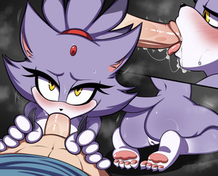 accessory anthro anthro_penetrated assisted_undressing big_butt biped blush blush_lines blushing_profusely bodily_fluids butt cheek_tuft dripping duo eyelashes facial_tuft female female_penetrated forehead_gem fur gem genitals hair_accessory hair_tie human_on_anthro human_penetrating human_penetrating_anthro interspecies kneeling_oral_position larger_human larger_male long_eyelashes looking_at_genitalia looking_at_penis looking_up_at_partner male male/female male_penetrating male_penetrating_female pawpads penetration penis penis_in_mouth purple_body purple_fur saliva saliva_drip saliva_on_chin saliva_on_penis saliva_string sex size_difference sloppy_blowjob smaller_anthro smaller_female smaller_penetrated submissive submissive_anthro submissive_female sweat tuft vulva yellow_eyes alluingwynhorn sega sonic_the_hedgehog_(series) blaze_the_cat domestic_cat felid feline felis human mammal 2025 absurd_res comic hi_res