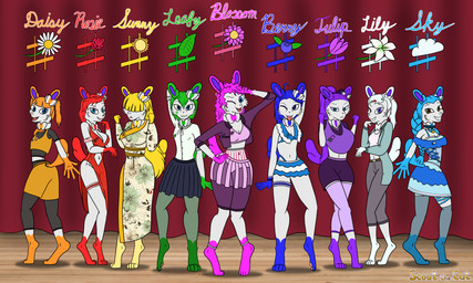 accessory anthro asian_clothing big_breasts bikini bikini_skirt blue_body blue_clothing blue_dress blue_eyes blue_fur blueberry_(fruit) bottomwear bow_ribbon bracelet braided_hair breasts cleavage clothed clothing cloud collar collared_shirt dress ear_piercing ear_ring east_asian_clothing facial_tattoo female flower food fruit fur gesture green_body green_fur grey_clothing group hair hair_accessory hair_bow hair_ribbon hairclip hand_gesture jacket japanese_clothing jewelry kimono leaf leggings legwear long_hair makeup musical_symbol navel navel_piercing necklace one_eye_closed orange_body orange_clothing orange_fur pants pattern_clothing piercing pigtails pink_body pink_clothing pink_fur plant ponytail pose purple_body purple_clothing purple_fur red_body red_clothing red_dress red_fur ribbons ring ring_piercing shirt short_hair shorts skirt small_breasts sun swimwear symbol tank_top tattoo text tight_clothing topwear two-piece_swimsuit v_sign wavy_hair white_body white_clothing white_fur wink yellow_body yellow_clothing yellow_fur scoutthecat02 nintendo pokemon berry_sharp blossom_sharp daisy_sharp leafy_sharp lily_sharp rosie_sharp sky_sharp sunny_sharp tulip_sharp eeveelution generation_6_pokemon pokemon_(species) sylveon 5:3 absurd_res english_text hi_res