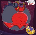 belly big_belly black_text bloated bloodshot_eyes close_to_bursting expanding expansion glitch huge_belly hyper hyper_belly imminent_popping implied_popping inflation logo morbidly_obese obese overweight purple_scarf red_text scarf speech_bubble text soul-silver-dragon bandai_namco digimon mythology armadillomon digimon_(species) dragon gammamon mythological_creature mythological_scalie scalie 2024 absurd_res artist_logo dated hi_res