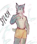 abs anthro athletic athletic_anthro athletic_male bottomwear clothed clothing cross cross_necklace ear_tuft fur jewelry male male_anthro messy necklace nipples one_eye_closed pecs pink_nose pointy_ears prick_ears shorts snout solo splash topless topless_anthro topless_male tuft wet wet_body wet_clothing wet_fur nikiervhin echo_(game) echo_(series) echo_project tj_hess felid feline lynx mammal absurd_res hi_res