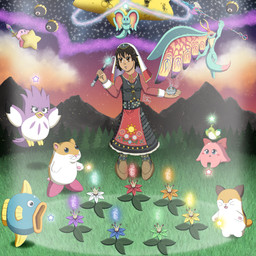 ambiguous_gender anthro antlers blue_body blue_eyes blue_fur blush bracelet breasts brown_eyes clothing detailed_background dipstick_tail female fingernails flower fluffy fluffy_tail folk_clothes fur glowing group hair head_wings horn incense incense_burner jewelry markings melee_weapon mountain multicolored_eyes nails neck_tuft necklace not_furry open_mouth pink_body planet_popstar plant polearm portal short_hair spear standing sword tail tail_markings tan_body tuft unusual_wing_placement veil wand warp_star weapon wings erinprimette kirby_(series) kirby_and_the_forgotten_land nintendo chuchu_(kirby) coo_(kirby) elfilin fan_character fecto_elfilis kine_(kirby) kirby nago_(kirby) pitch_(kirby) rick_(kirby) vesa_(erinprimette) alien aquatic avian bird chinchilla chinchillid cricetid dark_matter_(kirby) domestic_cat felid feline felis fish hamster human mammal owl rodent 1:1 absurd_res digital_media_(artwork) hi_res