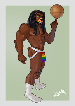 abs anthro areola ball basketball_(ball) beard brown_body bulge clothed clothing dreadlocks facial_hair fingers footwear fur hair jockstrap lgbt_pride looking_at_viewer male multicolored_clothing multicolored_jockstrap multicolored_underwear muscular muscular_anthro muscular_male nipples pecs pride_color_clothing pride_color_jockstrap pride_color_underwear pride_colors rainbow_clothing rainbow_jockstrap rainbow_pride_clothing rainbow_pride_colors rainbow_symbol simple_background six-stripe_rainbow_pride_colors smile socks solo standing tail teeth topless topless_anthro topless_male underwear kahlu bear mammal digital_media_(artwork)