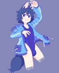 :3 big_bulge blue_clothing blush bulge clothing femboy jacket looking_at_viewer male pose pouch_(clothing) simple_background solo sparkles swimwear tail topwear zipper amaruu animal_humanoid cat_humanoid felid felid_humanoid feline feline_humanoid humanoid mammal mammal_humanoid 2023 digital_drawing_(artwork) digital_media_(artwork) hi_res