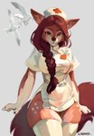 anthro brown_body brown_fur brown_hair clothed clothing female fur green_eyes hair legwear looking_at_viewer nurse_clothing nurse_uniform solo stockings uniform lisovik. canid canine fox mammal hi_res