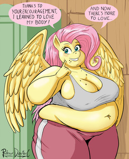 anthro anthrofied belly biped body_positivity bottomwear breasts chubby_cheeks cleavage clothed clothing compliment confident crop_top crumbs crumbs_on_breast crumbs_on_face double_chin eyelashes face_squish feathered_wings feathers female green_eyes grin grinning_at_viewer hair happy inside long_hair looking_at_viewer love_handles navel nipple_outline overweight overweight_anthro overweight_female pants pink_hair shirt smile smiling_at_viewer solo speech_bubble squish standing sweatpants talking_to_viewer text thanking thick_thighs topwear weight_conscious weight_gain wings yellow_body professordoctorc friendship_is_magic hasbro my_little_pony mythology fluttershy_(mlp) equid equine mammal mythological_creature mythological_equine pegasus 2026 digital_drawing_(artwork) digital_media_(artwork) english_text portrait signature three-quarter_portrait