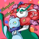 anthro black_eyes blue_body duo female flower happy_birthday male plant scarf star_eyes text white_body runeluna24_(artist) nintendo pokemon milian_(mew_lindo) florges generation_1_pokemon generation_6_pokemon legendary_pokemon mewtwo pokemon_(species) red_flower_florges shiny_pokemon 1:1 spanish_text