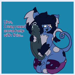 anthro balls big_penis bodily_fluids chibi erection genital_fluids genitals huge_penis hyper hyper_genitalia hyper_penis male penis precum solo chibitay fan_character patches_(chibitay) domestic_cat felid feline felis mammal translynx 1:1 absurd_res hi_res
