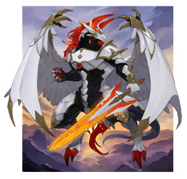 5_fingers anthro armor black_body black_scales black_sclera blue_eyes breastplate claws cloud digitigrade finger_claws fingers holding_melee_weapon holding_object holding_sword holding_weapon horn looking_at_viewer melee_weapon multicolored_body multicolored_scales red_claws red_finger_claws scales sky solo sword weapon white_body white_scales wings chimo205 mythology dragon mythological_creature mythological_scalie scalie 2025 absurd_res hi_res