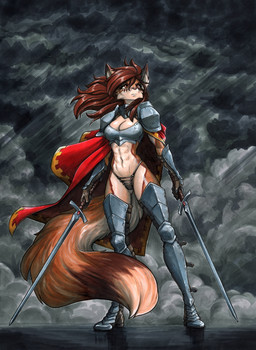 abs anthro armor armored_boots bikini_armor biped breasts brown_eyes brown_hair cape clothing cloudy_background detailed_background female fluffy fluffy_tail fur gauntlets gloves hair handwear longsword melee_weapon orange_body orange_fur solo sword tail tan_body tan_fur unconvincing_armor weapon ewgengster canid canine fox mammal 2025 absurd_res hi_res traditional_media_(artwork)