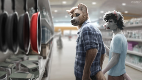 angry anthro biped black_hair black_nose blue_eyes brown_body brown_fur buckteeth clothed clothing cooking_pot cookware detailed_background duo eyebrows eyewear frying_pan fully_clothed fur glasses hair hand_on_arm kitchen_utensils looking_at_another looking_at_object looking_at_partner looking_back male male/male open_mouth pattern_clothing pattern_shirt pattern_topwear pink_nose plaid plaid_clothing plaid_shirt plaid_topwear shirt smile standing store tail teeth text tools topwear upset white_body white_fur geewolf distracted_boyfriend hyena mammal mouse murid murine rodent 16:9 artist_name colored digital_media_(artwork) hi_res meme portrait shaded signature three-quarter_portrait widescreen