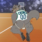 anthro basketball_court basketball_hoop basketball_jersey basketball_uniform bulge butt clothing fangs jockstrap kneeling looking_at_viewer looking_back male muscular muscular_anthro muscular_male solo sportswear teeth underwear uniform buddyfangoz canid canine canis mammal wolf 1:1 2024 hi_res