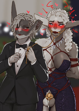 anthro bdsm bodily_fluids bondage bound chastity_cage chastity_device classy clothed clothing cum duo fancy_clothing female gag genital_fluids gold_(metal) gold_chastity_cage gold_chastity_device gynomorph intersex leaking_cum metal_chastity_cage nub_chastity_cage restrained_arms restraints rope rope_bondage rope_harness wearing_chastity_cage wearing_chastity_device starlyve hareley harlyve hare lagomorph leporid mammal rabbit absurd_res hi_res incest_(lore) sibling_(lore) sister_(lore) sisters_(lore) trans_(lore) trans_woman_(lore)