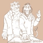 4_fingers anthro claws clothed clothing directional_arrow duo eye_contact eye_scar facial_scar fingers fur furniture looking_at_another male mane necktie paper raised_tail ring scar smile smirk standing suit table tail text whiskers dragontzin disney the_jungle_book the_lion_king scar_(the_lion_king) shere_khan bengal_tiger felid lion mammal pantherine tiger 1:1 2022 crossover digital_drawing_(artwork) digital_media_(artwork) english_text hi_res