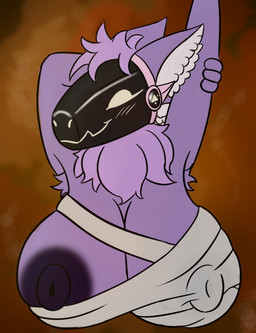 4_ears anthro areola armpit_hair bandage bandaged_chest big_areola big_breasts big_nipples blush body_hair breasts chest_tuft female fluffy fur hand_behind_head head_tuft holidays huge_breasts huge_nipples hyper hyper_breasts looking_at_viewer machine multi_ear mummy_costume mummy_wrappings nipple_outline nipple_slip nipples protogen_visor pubes purple_body purple_fur purple_nipples raised_arm solo stretching tuft boobfan06 halloween protogen 2025 bust_portrait digital_drawing_(artwork) digital_media_(artwork) flat_colors portrait