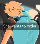 balls butt car_interior clothing duo floating_head genitals green_body gynomorph intersex looking_at_viewer male orange_body text mobzylewd he_wants_to_order biro_(welwraith) inka_(welwraith) humanoid spirit english_text hi_res meme