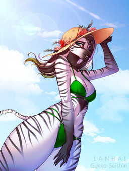 anthro bikini biped black_hair blue_sky breasts cleavage clothed clothing cloud eyelashes female front_view fur green_bikini green_clothing green_eyes green_highlights green_swimwear hair hat headgear headwear highlights_(coloring) light long_hair looking_at_viewer medium_breasts navel outside sky smile smiling_at_viewer solo striped_body striped_fur stripes sun_hat sunlight swimwear tail text thin_tail three-quarter_view two-piece_swimsuit white_body white_fur white_highlights gekko-seishin lanhai equid equine mammal zebra 2021 artist_name digital_drawing_(artwork) digital_media_(artwork) hi_res portrait shaded soft_shading three-quarter_portrait