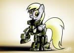 armor cutie_mark feathered_wings feathers female fur grey_body grey_feathers open_mouth solo wings yellow_eyes dori-to friendship_is_magic hasbro my_little_pony mythology derpy_hooves_(mlp) equid equine mammal mythological_creature mythological_equine pegasus