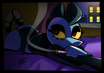 anthro bed bedroom_eyes black_boots black_border black_clothing black_eyeshadow black_footwear black_panties black_topwear black_underwear blue_body boots border bottomless butt cigarette clothed clothing eyelashes eyeshadow feet_up female footwear furniture lying makeup narrowed_eyes on_bed on_front panties pantsless red_eyes seductive shoes smoke solo topwear underwear yellow_sclera alvh-omega ambient_among_us among_us innersloth night_in_the_woods bea_santello crocodile crocodilian reptile scalie 2025 cel_shading digital_media_(artwork) hi_res shaded signature